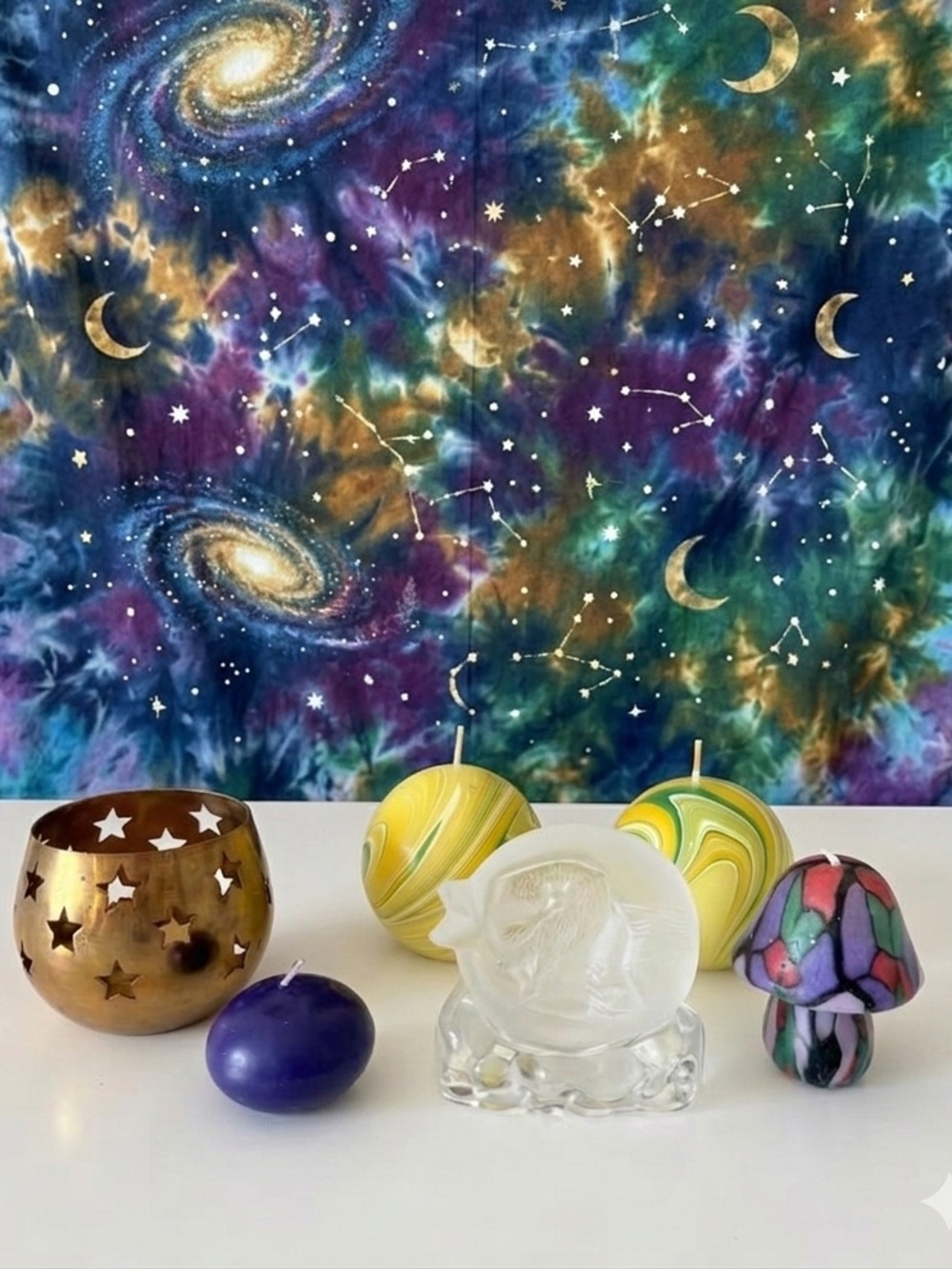 90s Celestial Frosted Glass Moon and Stars + VTG Brass Tealight Holder + Candles